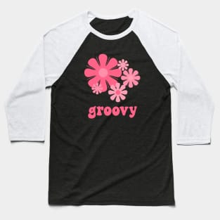 Groovy Retro 60s 70s Flowers Vintage Floral Typography in Pink Baseball T-Shirt